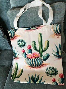 Cactus Print Canvas Tote Bag in White with Pink Accents